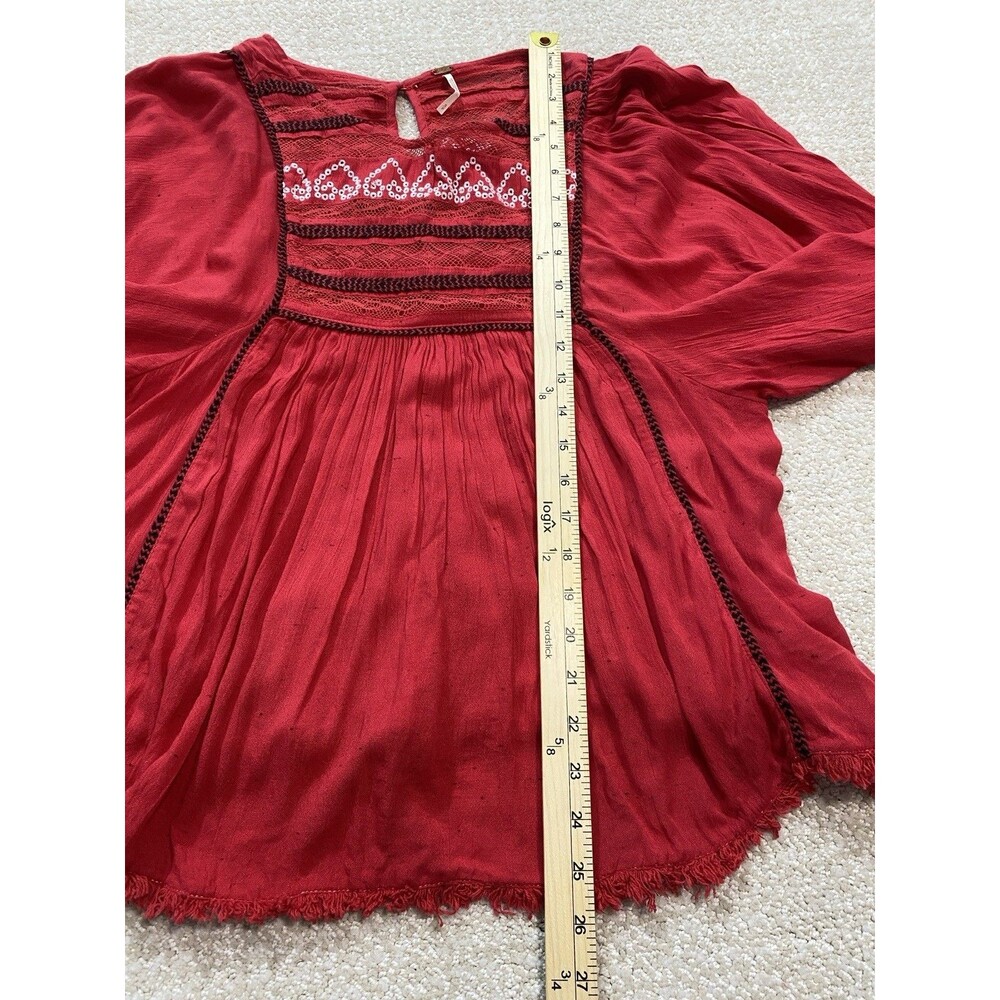 Free People Red Boho Embroidered Lace Peasant Top Women’s Size S/p - Picture 12 of 16